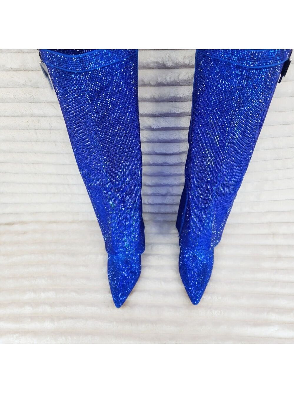 NIB Super Sparkle Sharky Skirted Fold Over Wedge Heel Knee Boots Royal Blue - Picture 13 of 15